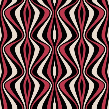 Dikey dalgalı çizgileri olan, kırmızı, beyaz ve siyah çizgili kusursuz çizgili bir desen. Soyut geometrik retro tasarım. Vektör illüstrasyonu. 