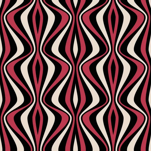 Dikey dalgalı çizgileri olan, kırmızı, beyaz ve siyah çizgili kusursuz çizgili bir desen. Soyut geometrik retro tasarım. Vektör illüstrasyonu. 