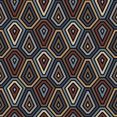 Tekrarlanan çokrenkli altıgenlerin soyut geometrik dizaynına sahip kusursuz tekrarlayan desen siyah bir darbeyle özetlenmiştir. Grafik tekstil dokusu retro tarzında. Vektör illüstrasyonu.