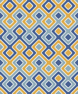 Modern damalı mavi, beyaz ve sarı desenli kusursuz geometrik desen. Renkli vintage tarzı. Tekstil, baskı, ambalaj, kapak ve duvar kağıdı için soyut vektör çizimi.