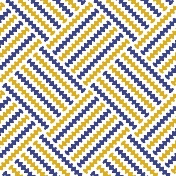 Çizgili kare fayanslı çapraz kareli tasarım mavi ve sarı dalgalı çizgilerle süslenir. Kusursuz tekrarlama kalıbı. Geometrik modern tasarım. Soyut vektör illüstrasyonu.