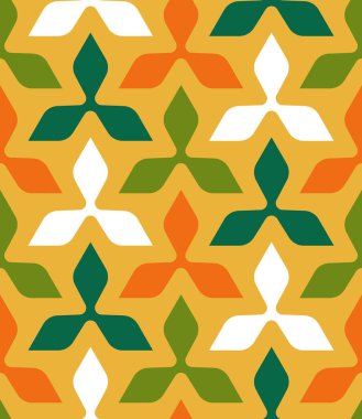 Sarının, yeşilin, turuncunun ve beyazın tonlarında küçük çok renkli yoncaların geometrik retro tasarımı ile kusursuz yinelenen desen. Basit ve renkli bir tarz. Soyut vektör illüstrasyonu.