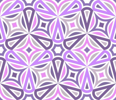 Modern mozaik tarzda beyaz, pembe ve mor renkli çeşitli geometrik şekilleri içeren kusursuz tekrarlayan desen. Duvar kağıdı, ambalaj, kapak, kumaş ve baskı için uygun vektör illüstrasyonu.