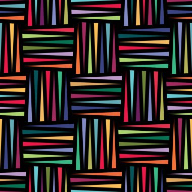 Dikey ve yatay çok renkli çizgilerin ızgaralı pürüzsüz deseni. Modern geometrik stil. Soyut renkli arkaplan. Tekstil, ambalaj ve dekoratif projeler için vektör resmi.