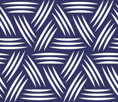 Çizgili geometrik ağ, mavi bir zemin üzerinde ince beyaz kıvrımlı çizgiler şeklinde modern bir tasarım. Kusursuz tekrarlama kalıbı. Soyut vektör illüstrasyonu.