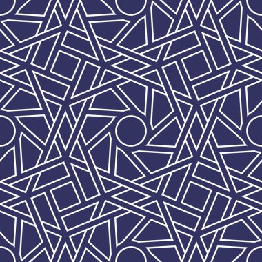 İç içe geçmiş beyaz çizgilerden oluşan dekoratif bir örgüyle kusursuz tekrarlayan desen mavi arkaplanda farklı çokgen şekilleri çiziyor. Modern moda tarzı. Geometrik soyut vektör çizimi.