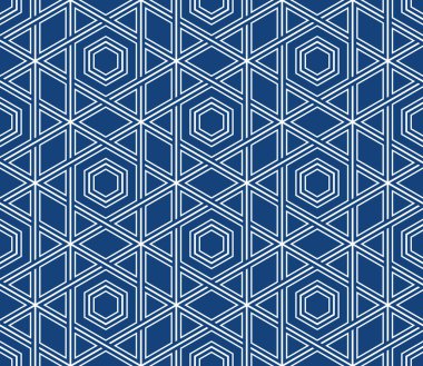 Kesişen beyaz çizgilerin karmaşık geometrik ızgarasıyla kusursuz tekrarlayan desen mavi arka planda ve modern tarzda üçgenler ve altıgenler oluşturuyor. Soyut vektör illüstrasyonu.