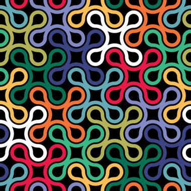 Dalgalı birbirine kenetlenen geometrik şekiller siyah arkaplanda çok renkli bir dekoratif ızgara oluşturur. Modern tarz modaya uygun. Duvar kağıdı, tekstil, ambalaj ve baskı için soyut vektör çizimi.