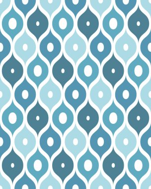 Beyaz arka planda mavi ve turkuazın farklı tonlarında tekrarlanan ogival elementlerle kusursuz geometrik desen. Çağdaş retro tarzı. Soyut vektör illüstrasyonu.