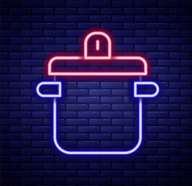 Parlayan neon hattı tuğla duvar arkasında izole edilmiş tencere ikonu. Haşlama ya da güveç besin sembolü. Renkli taslak konsepti. Vektör