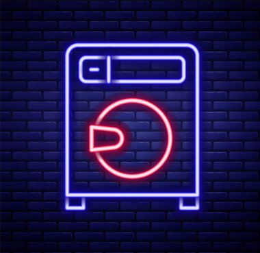Parlayan neon hattı çamaşır makinesi simgesi tuğla duvar arka planında izole edildi. Çamaşır makinesi simgesi. Çamaşır makinesi, çamaşır makinesi. Ev aletleri sembolü. Renkli taslak konsepti. Vektör