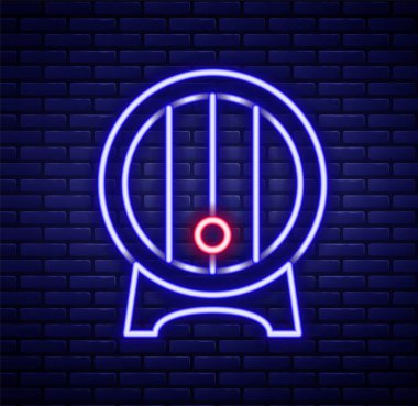 Parlak neon hattı ahşap varil rafta ve duvarın arkasında ikon izole edilmiş. Renkli taslak konsepti. Vektör