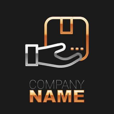 Siyah arkaplanda karton kutu simgesi olan çizgi teslimat eli. Kuryeyle kapı kapı dolaşacağız. Renkli taslak konsepti. Vektör