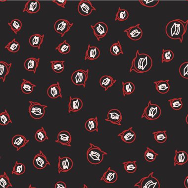 Konuşma baloncuğu simgesindeki çizgi mezuniyet kapağı siyah arkaplanda izole edilmiş kusursuz desen. Tassel ikonlu mezuniyet şapkası. Vektör