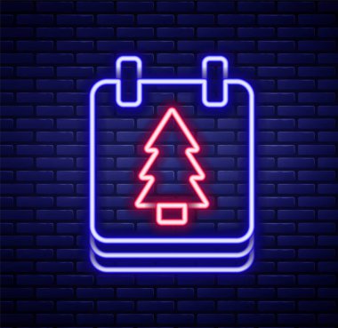Parlayan neon hattı Noel takvimi simgesi tuğla duvar arkasında izole edildi. Olay hatırlatma sembolü. Mutlu Noeller ve mutlu yıllar. Renkli taslak konsepti. Vektör