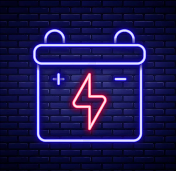 Leuchtende Neon Linie Autobatterie Symbol Isoliert Auf Ziegelwand Hintergrund Akkubatterie — Stockvektor
