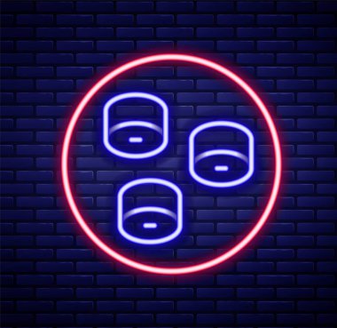 Parlayan neon hattı suşi simgesi tuğla duvar arka planında izole edildi. Geleneksel Japon yemekleri. Renkli taslak konsepti. Vektör
