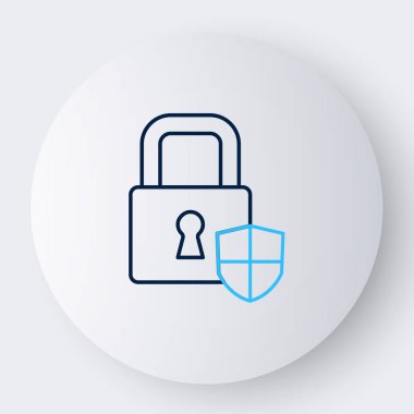 Beyaz arka planda kilit simgesi olan çizgi kalkanı güvenliği. Koruma, güvenlik, şifre güvenliği. Güvenlik duvarı gizlilik levhası. Renkli taslak konsepti. Vektör