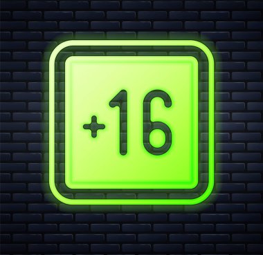 Parlayan neon artı 16 film ikonu tuğla duvar arkasında izole edilmiş. Yetişkin içeriği. On altı artı ikon. Sansürlü iş konsepti. Vektör
