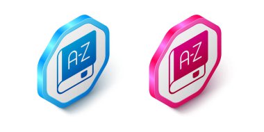 Isometric Tercüman kitabı simgesi beyaz arkaplanda izole edildi. Sohbet balonunda yabancı dil konuşma simgeleri. Çeviri konsepti. Altıgen düğmesi. Vektör