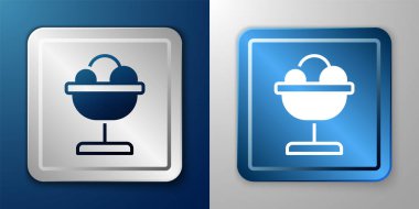 White Ice cream in the bowl icon isolated on blue and grey background. Sweet symbol. Silver and blue square button. Vector