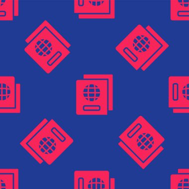 Biyometrik veri simgesine sahip kırmızı pasaport mavi arka planda izole edilmiş. Kimlik belgesi. Vektör