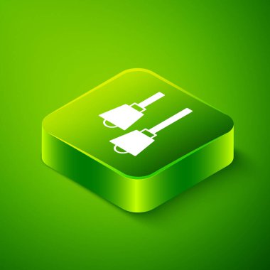 Isometric Lamba asılı ikonu yeşil arka planda izole. Tavan lambası ampulü. Yeşil kare düğmesi. Vektör