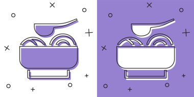 Beyaz ve mor arka planda izole edilmiş erişte ikonlu Ramen çorba kasesi hazırla. Bir kase geleneksel Asya erişte çorbası. Vektör