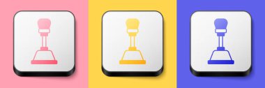 Isometric Gear shifter icon isolated on pink, yellow and blue background. Manual transmission icon. Square button. Vector