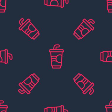 Kırmızı çizgi kağıt bardak, pipet ve su ikonu içerek siyah arka planda izole edilmiş, pürüzsüz desen. Soda bardağı. Taze soğuk içecek sembolü. Vektör