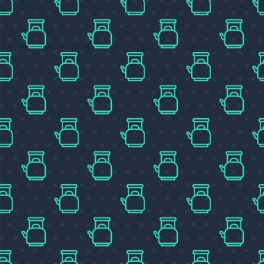 Yeşil çizgi Kettle, mavi arka planda ikon izole edilmiş, pürüzsüz desen. Çaydanlık ikonu. Vektör