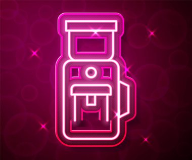 Parlayan neon hattı. Kırmızı arka planda izole edilmiş elektrikli kahve öğütücü ikonu. Vektör