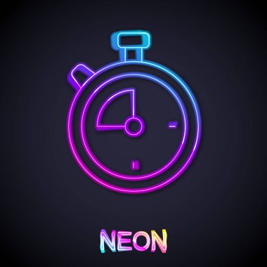 Parlayan neon hattı Stopwatch simgesi siyah arkaplanda izole edildi. Zaman göstergesi. Kronometre işareti. Vektör
