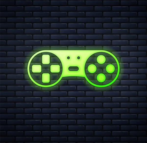 Glowing Neon Game Controller Joystick Game Console Icon Isolated Brick — Stock Vector