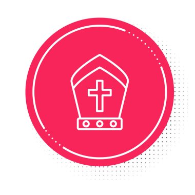 Beyaz çizgi Papa şapkası simgesi beyaz arkaplanda izole edildi. Hristiyan şapkası işareti. Kırmızı daire düğmesi. Vektör