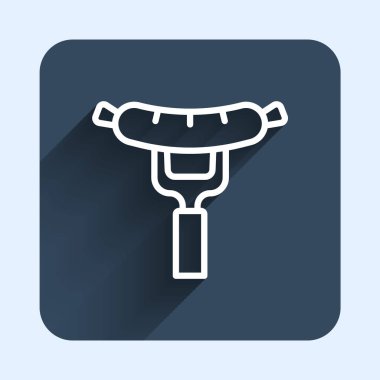 Çatal ikonundaki beyaz çizgi sosis uzun gölge arkaplanlı. Izgara sosis ve aroma işareti. Mavi kare düğme. Vektör