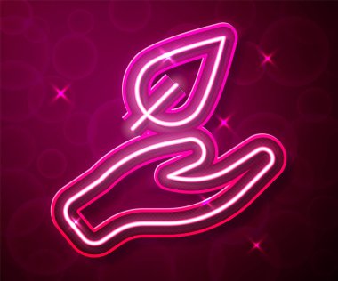 Parlayan neon çizgisi El, kırmızı arkaplanda izole edilmiş bitki ikonunun bir yaprağını tutuyor. Doğayı koru. Yaprak, çevre korumasıyla çekiliyor. Vektör