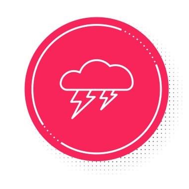 Beyaz çizgi Storm simgesi beyaz arkaplanda izole edildi. Bulut ve şimşek işareti. Fırtınanın hava durumu ikonu. Kırmızı daire düğmesi. Vektör