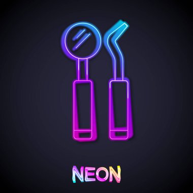 Parlayan neon çizgisi diş inceleme aynası ve sonda simgesi siyah arkaplanda izole edildi. Kaşif pulluğu. Diş muayenesi. Vektör