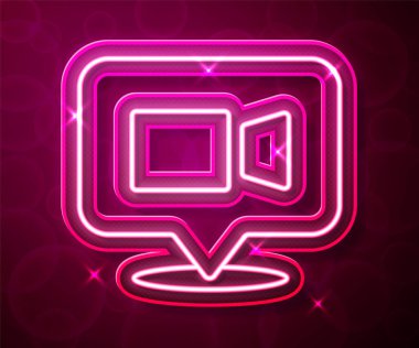 Parlayan neon hattı görüntülü sohbet konferansı simgesi kırmızı arkaplanda izole edildi. Çevrimiçi iş görüşmesi formu. Uzak proje yönetimi. Vektör