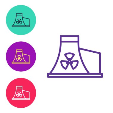 Nükleer enerji santrali simgesini beyaz arkaplanda izole et. Enerji endüstrisi konsepti. Simgeleri renklendirin. Vektör