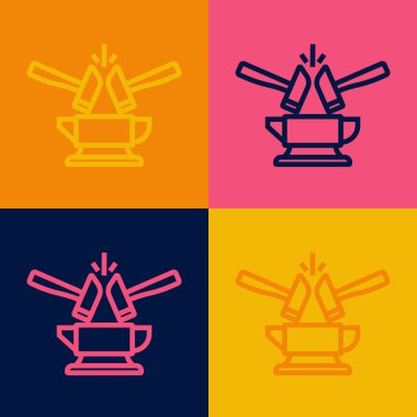 Pop art line Blacksmith anvil tool and hammer icon isolated on color background. Metal forging. Forge tool.  Vector