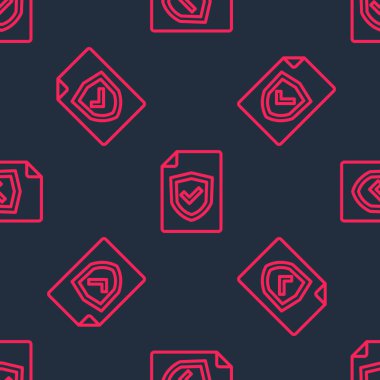 Kalkan simgesiyle kırmızı çizgi sözleşmesi siyah arka planda izole edilmiş pürüzsüz desen. Sigorta konsepti. Güvenlik, güvenlik, koruma, konsept koruma. Vektör