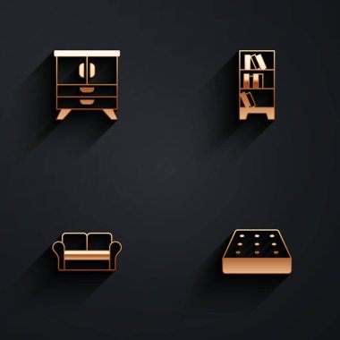 Çekmeceler Sandığı, Kütüphane kitaplığı, Kanepe ve Uzun Gölgeli Yatak simgesi. Vektör