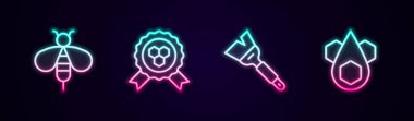 Bee, Honey ödülü, Beekeeping brush ve Bal peteği. Parlayan neon ikonu. Vektör
