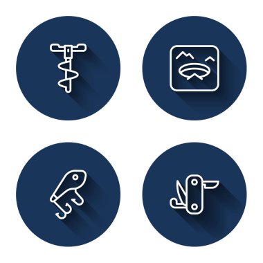 Çizgili El matkabı, kış balıkçılığı, balık yemi ve uzun gölgeli İsviçre çakısı. Mavi daire düğmesi. Vektör