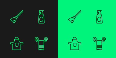 Havluyu askıya koyun, mutfak önlüğü, süpürge sapı ve deterjan ikonlu temizlik spreyi. Vektör