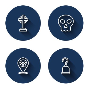 Çizgiyi Haçlı Tombstone, Kurukafa ve uzun gölgeli Korsan kancası ile çiz. Mavi daire düğmesi. Vektör