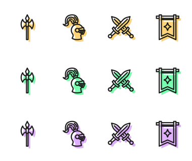 Orta çağ kılıcı, ortaçağ baltası, miğfer ve bayrak ikonu. Vektör