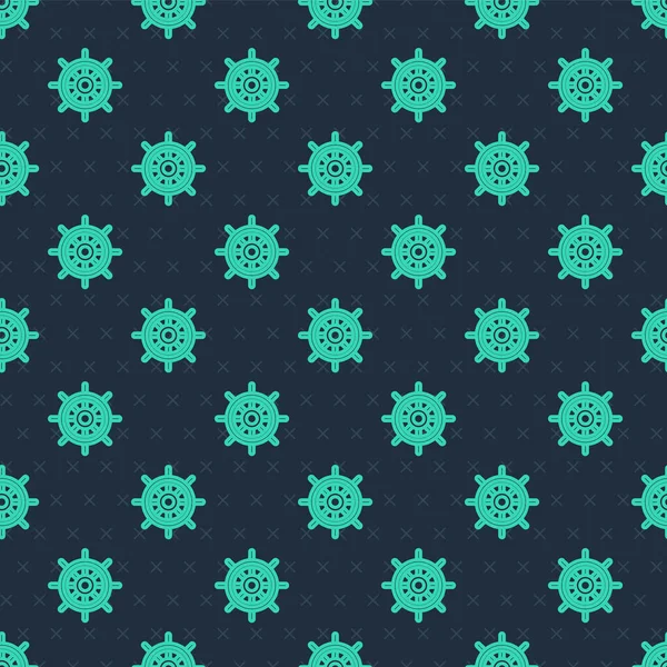 Groene Lijn Schip Stuurwiel Pictogram Geïsoleerd Naadloos Patroon Blauwe Achtergrond — Stockvector